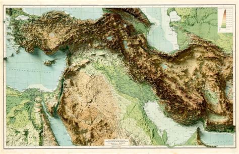 Middle East Map Relief Map Of The Middle East Vintage Map Etsy
