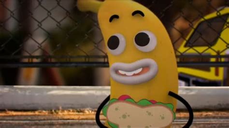 A Cartoon Banana With A Hot Dog Bun On Its Stomach Standing In Front