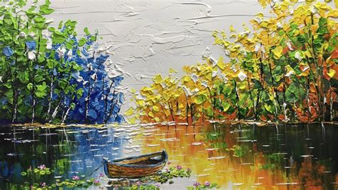 Challenge 20 Beautiful Autumn Scene With Boat On Lake Acrylic