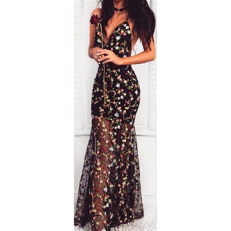 Sexy Black Mermaid Floral Prom Dresses V Neck Sheer See Through Formal