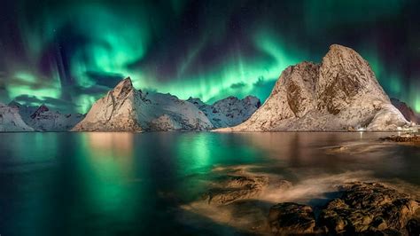 Landscape Polar Lights Aurora Borealis Reinefjord Norway Lofoten