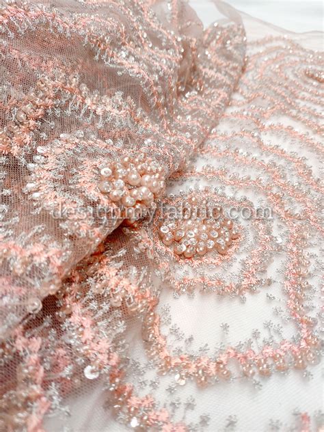 Apricot And Silver Net Floral Fabric 99034