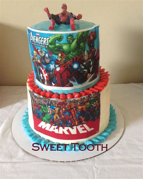 Marvel heroes cake by carolineevablack on deviantart. Simple 2 tier Super Hero Cake, with edible images and a Spiderman action figure. #superherocake ...