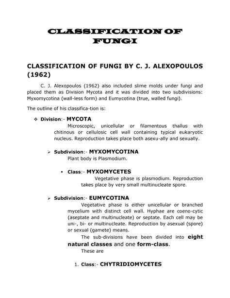 Classification Of Fungi Classification Of Fungi Classification Of