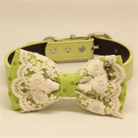 Green Polka Dots Lace Dog Bow Tie Collar Ivory Key Charm Pet Wedding