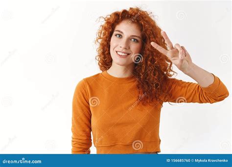 Cute Feminine Female Redhead Natural Curls Showing Peace Victory Sign Send Positive Vibes