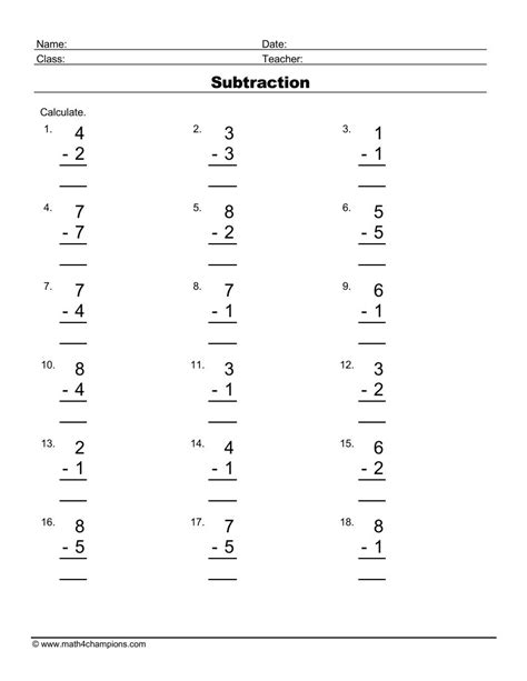 Single Digit Subtraction Worksheets Pdf