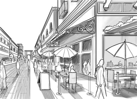 Cafe Architectural Street Scene One Point Perspective Linear