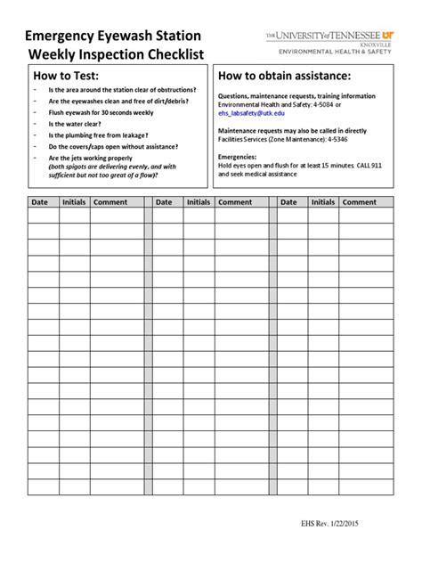 Free to download and print. Emergency Eyewash Station Weekly Inspection Checklist: How to Test: How to obtain assistance