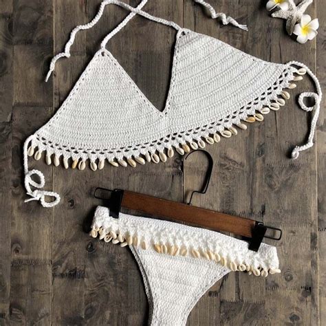 Crochet Bikini Set Shell Tassels Bikini Brazilian Crochet Swimsuit Women Halter Swimwear Strappy
