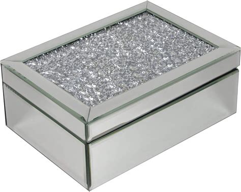 Homezone® Silver Crushed Diamante Mirrored Glass Jewellery Box With Black Velvet Box Jewellery
