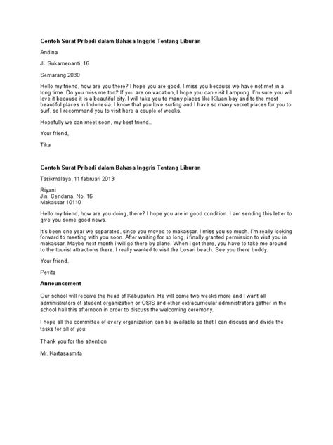Contoh Surat B Inggris Pribadi - Contoh Surat