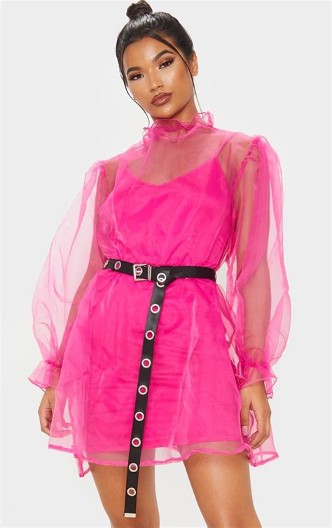 Hot Pink Organza Puff Sleeve Smock Dress Prettylittlething