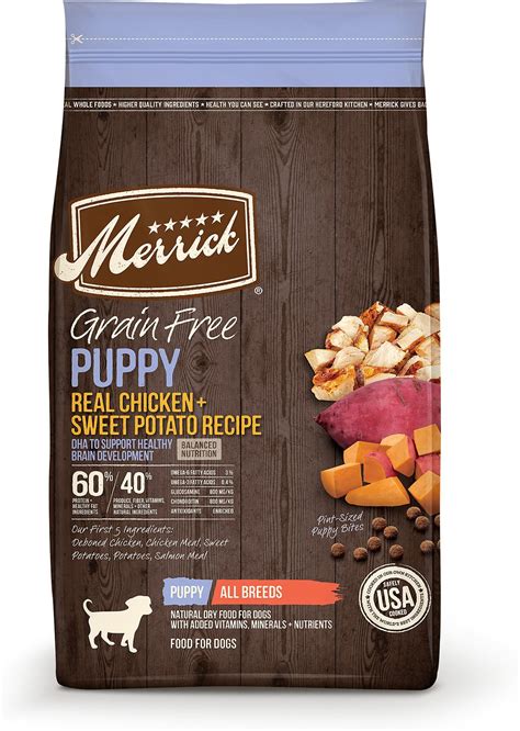 For one thing, dogs' stomachs have a hard time processing grains. Merrick Grain-Free Puppy Chicken & Sweet Potato Recipe Dry ...