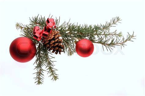 Christmas Decoration With Pine Branches Red Glass Balls And Pine Cone