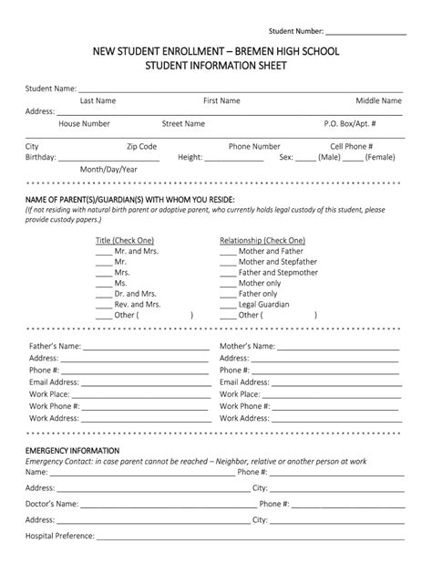 In Bremen High School Student Information Sheet Fill And Sign