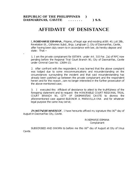 Affidavit Of Desistance Pdf