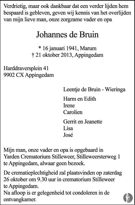 Johannes De Bruin 21 10 2013 Overlijdensbericht En Condoleances