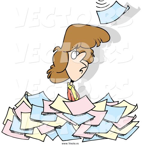 Vector Of A Cartoon White Woman Standing In A Pile Of Paperwork By