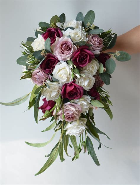 Dusty Pink Mauve Roses Burgundy Bridal Bouquet Real Touch Etsy