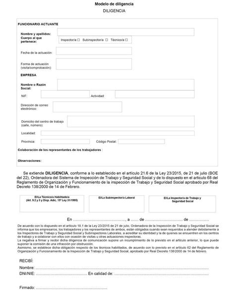 La ministra de empleo y seguridad social ha asegurado que las medidas aprobadas no implican que paguen nuevos impuestos ni las familias ni las pymes. modelo-de-diligencia-de-actuacion-de-la-inspeccion-de ...
