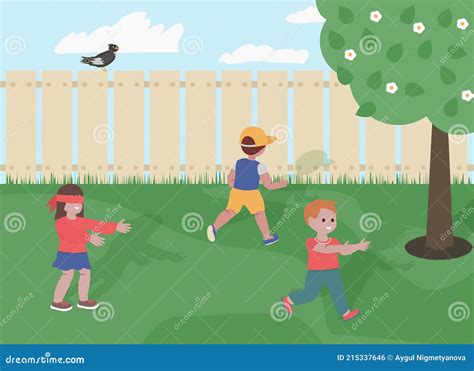 Children Playing Hide And Seek Game In The Garden Vector Illustration