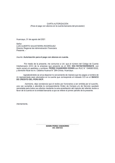 Carta Cci Perez Chamorro Carta AutorizaciÓn Para El Pago Con Abonos