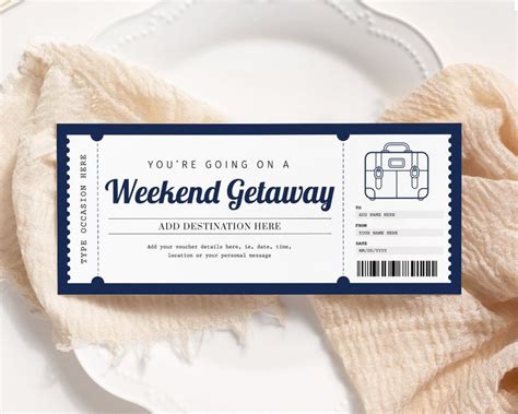 Weekend Getaway Gift Voucher EDITABLE Weekend Away Ticket Birthday Trip Travel Voucher
