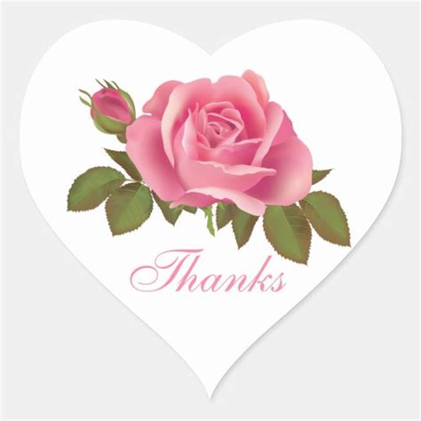 Floral Thank You Pink Rose Flower Wedding Heart Sticker Zazzle