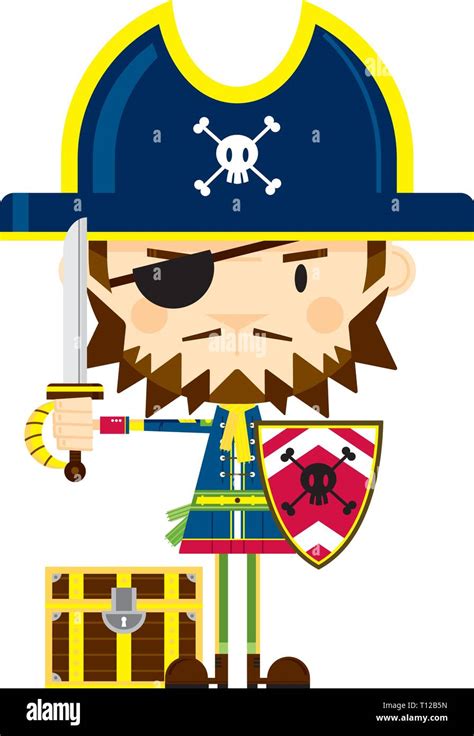 Cute Cartoon Eye Patch Pirate With Sword And Shield And Treasure Chest