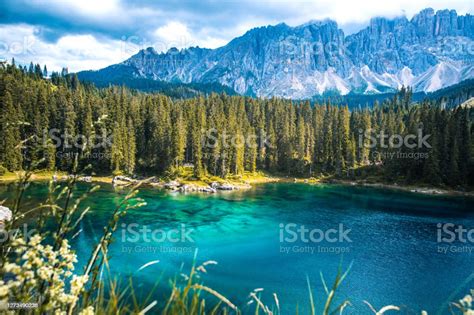 Lago Di Carezza Lake Or The Karersee With Reflection Of Mountains In