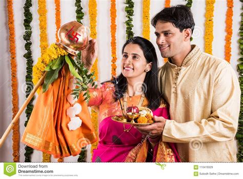 indian couple performing or celebrating gudi padwa puja stock image image of harvest couple