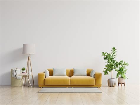 Premium Photo Empty Living Room With Yellow Sofa Plants And Table On