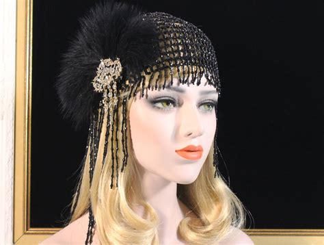 1920s Gatsby Headpiece Black Gold Beaded Headpiece 20s Feather Flapper Beaded Cap Shimmy Art