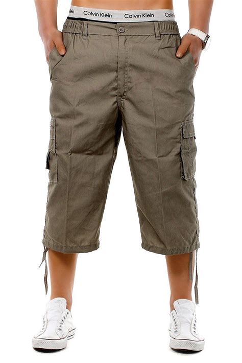 mens long 3 4 shorts elasticated waist cargo combat three quarter multi pockets ebay