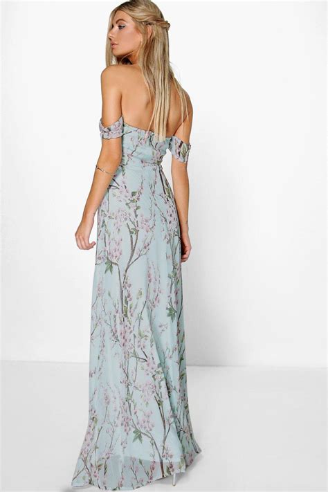 Boohoo Satin Floral Off The Shoulder Maxi Dress In Mint Blue Lyst