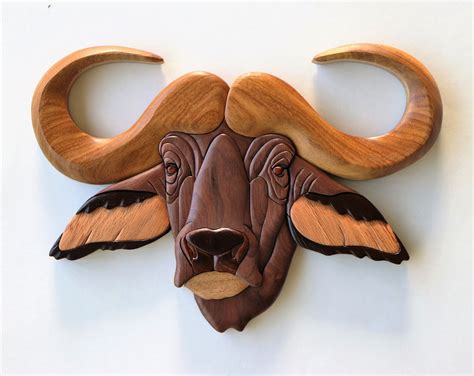African Buffalo Intarsia Wall Hanging Wooden Bull Carving Wood Decor