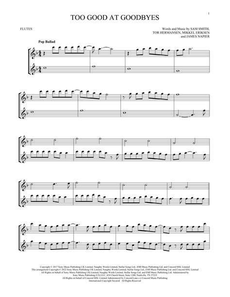 Too Good At Goodbyes Sheet Music Sam Smith Flute Duet