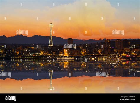 Seattle Washington Downtown City Skyline From Alki Beach At Sunrise
