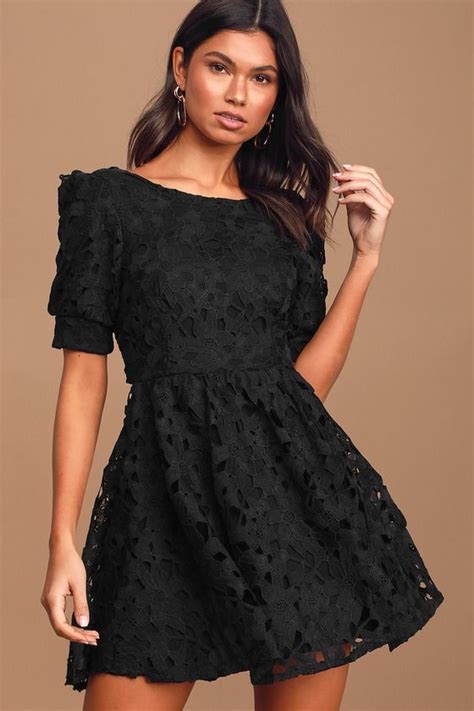 For A Moment Black Lace Cutout Mini Skater Dress Mini Skater Dress