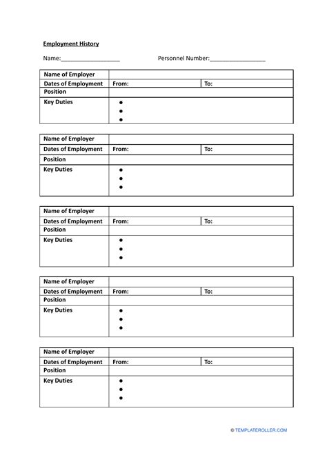 Employment History Template Word
