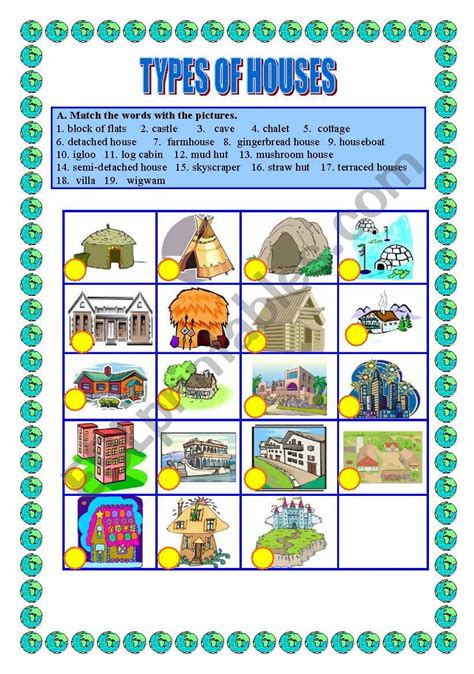 Printable Worksheets Types Of Houses For Kids Parts Of A House Esl