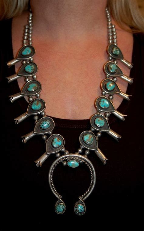 Old Navajo Sterling And Turquoise Squash Blossom Necklace Silver
