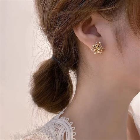 Flower Stud Earringsdainty Stud Earringcz Diamond Gold Etsy