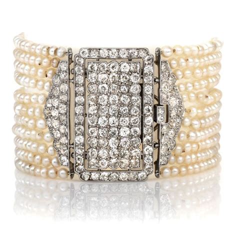 Cartier Antique Diamond Pearl Platinum Cluster Multi Strand Bracelet
