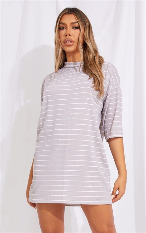 Taupe Striped Oversized T Shirt Dress Prettylittlething Aus