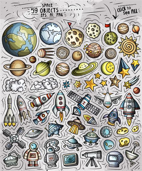 Space Cartoon Objects Set In Design Elements On Yellow Images Creative
