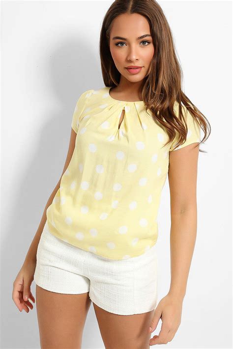 Yellow White Polka Dot Print Pleated Keyhole Front Top Singleprice