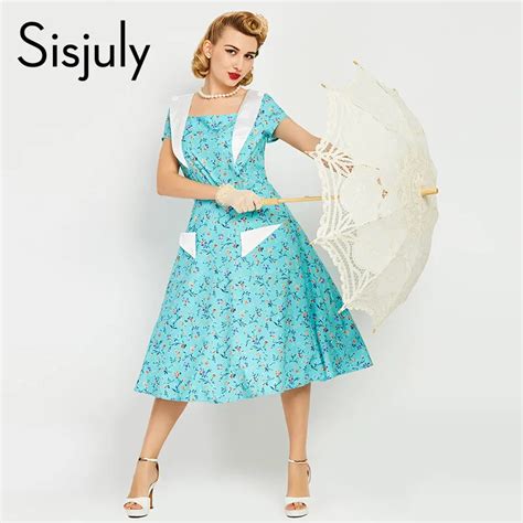 buy sisjuly vintage women dresses 1950s style floral print a line short sleeve