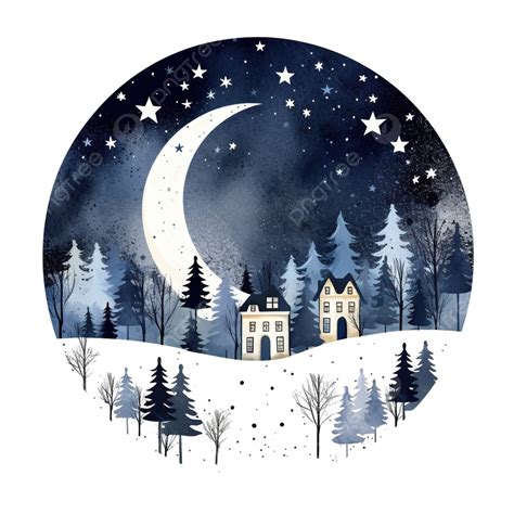 Christmas Winter Illustration With Holiday Houses Moon Night Sky